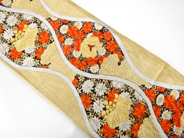 アンティーク　立涌に菊・桐模様織り出し袋帯（材料）